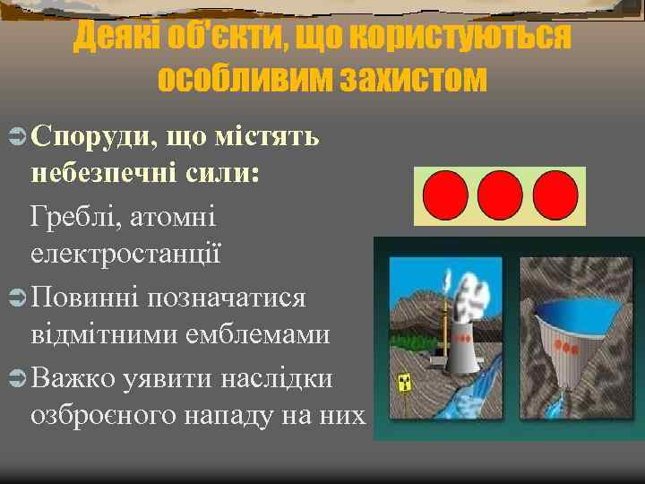 Деякі об'єкти, що користуються особливим захистом Ü Споруди, що містять небезпечні сили: Греблі, атомні