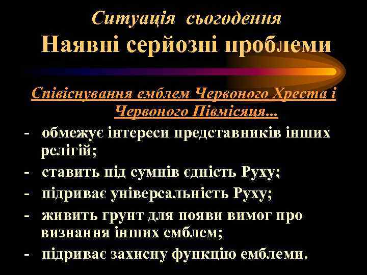Ситуація сьогодення Наявні серйозні проблеми Співіснування емблем Червоного Хреста і Червоного Півмісяця. . .