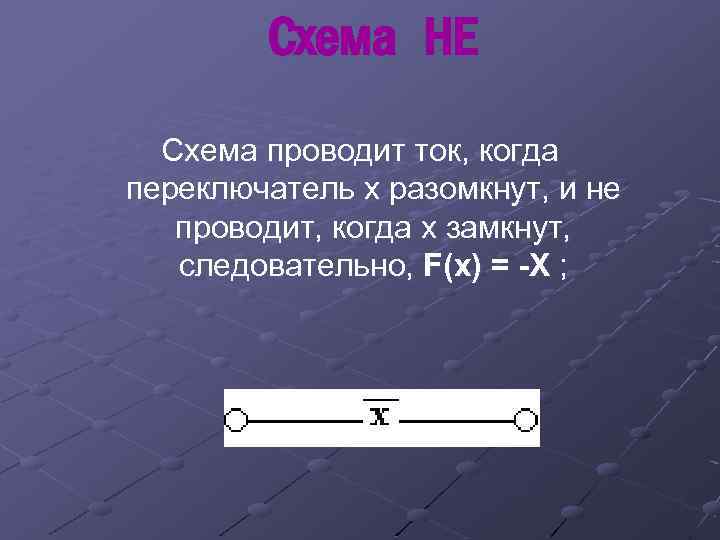 Схема НЕ Схема проводит ток, когда переключатель х разомкнут, и не проводит, когда х