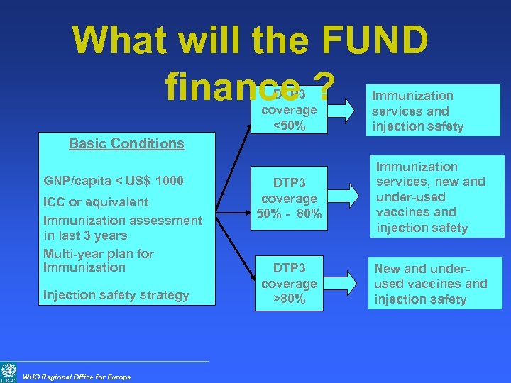 What will the FUND finance ? DTP 3 coverage <50% Immunization services and injection