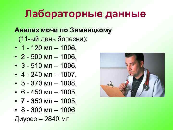 Лабораторные данные Анализ мочи по Зимницкому (11 -ый день болезни): • 1 - 120