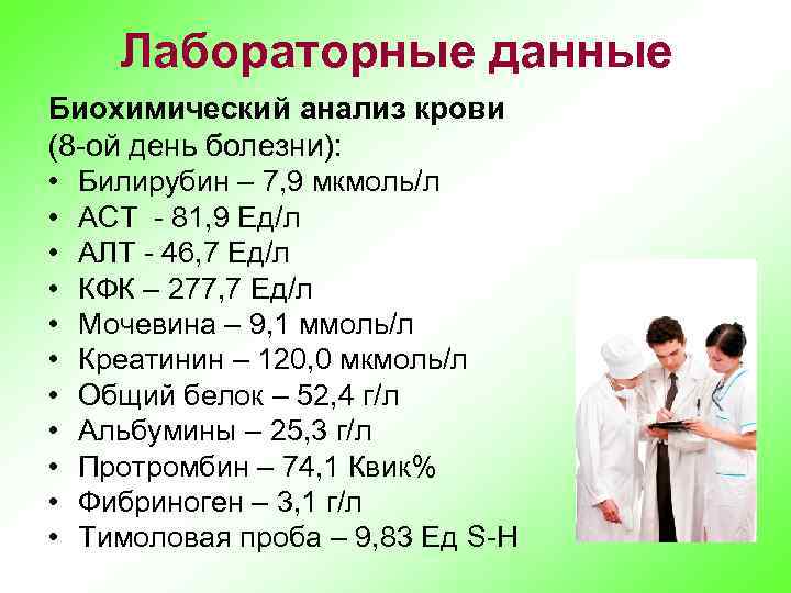 Лабораторные данные Биохимический анализ крови (8 -ой день болезни): • Билирубин – 7, 9