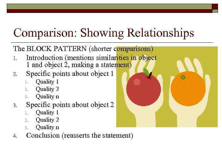 Comparison: Showing Relationships The BLOCK PATTERN (shorter comparisons) 1. Introduction (mentions similarities in object