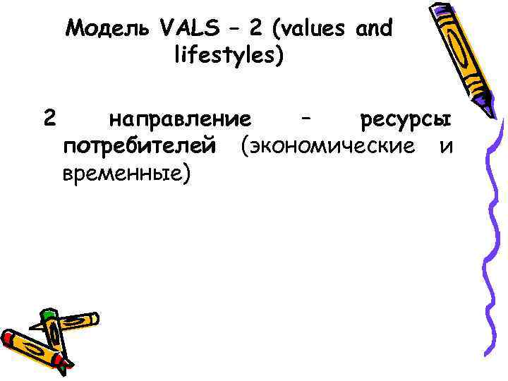 Модель VALS – 2 (values and lifestyles) 2 направление – ресурсы потребителей (экономические и