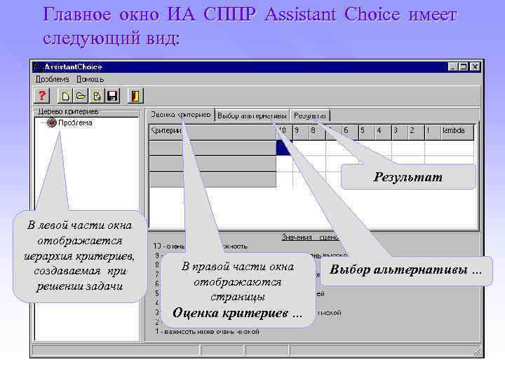 Главное окно ИА СППР Assistant Choice имеет следующий вид: Результат В левой части окна