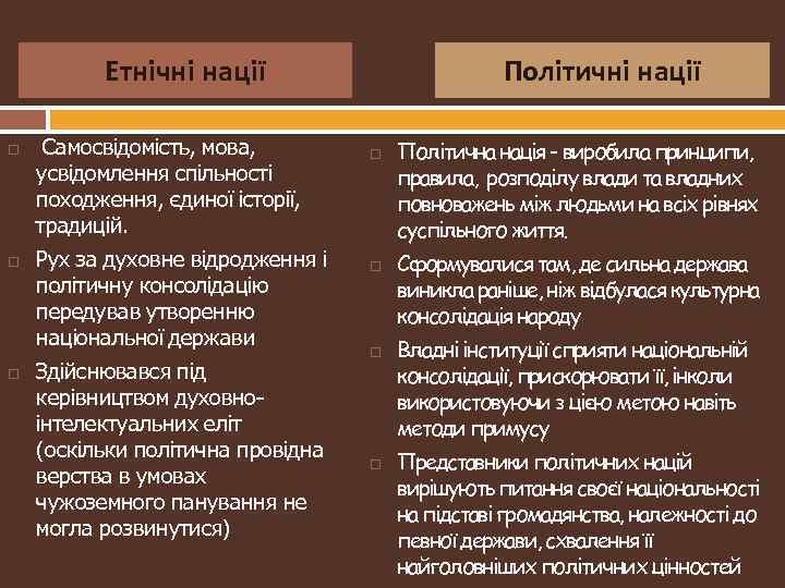 Етнічні нації Самосвідомість, мова, усвідомлення спільності походження, єдиної історії, традицій. Рух за духовне відродження