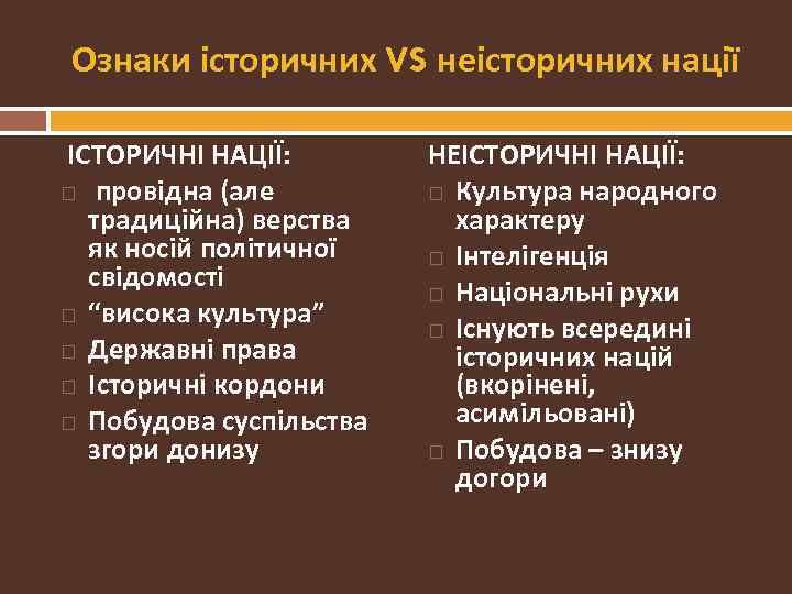 Ознаки історичних VS неісторичних нації ІСТОРИЧНІ НАЦІЇ: провідна (але традиційна) верства як носій політичної