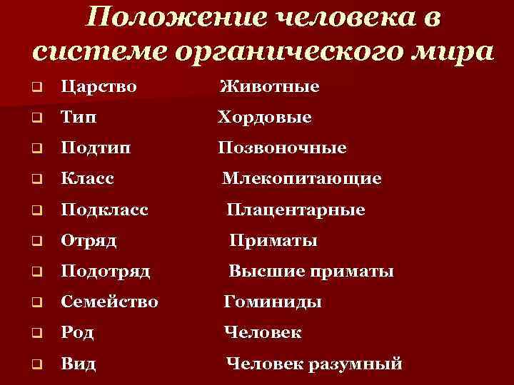 Составить схему положения человека согласно критериям зоологической систематики