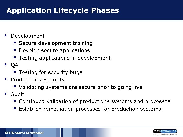 Application Lifecycle Phases § § Development § Secure development training § Develop secure applications