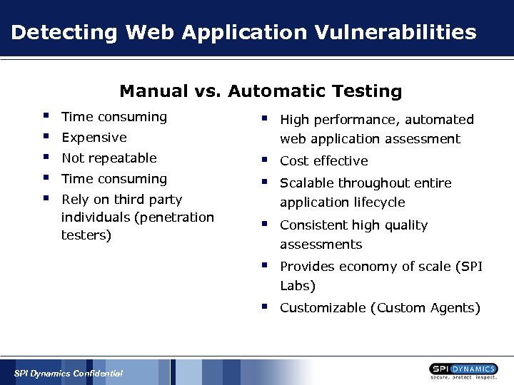 Detecting Web Application Vulnerabilities Manual vs. Automatic Testing § § § Time consuming §