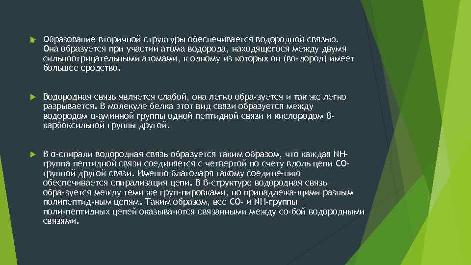 . Образование вторичной структуры обеспечивается водородной связью. Она образуется при участии атома водорода, находящегося