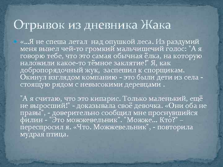 Отрывок из дневника Жака «…Я не спеша летал над опушкой леса. Из раздумий меня