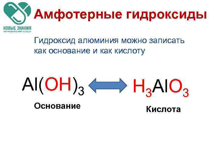 Амфотерные гидроксиды Гидроксид алюминия можно записать как основание и как кислоту Al(OH)3 Основание H