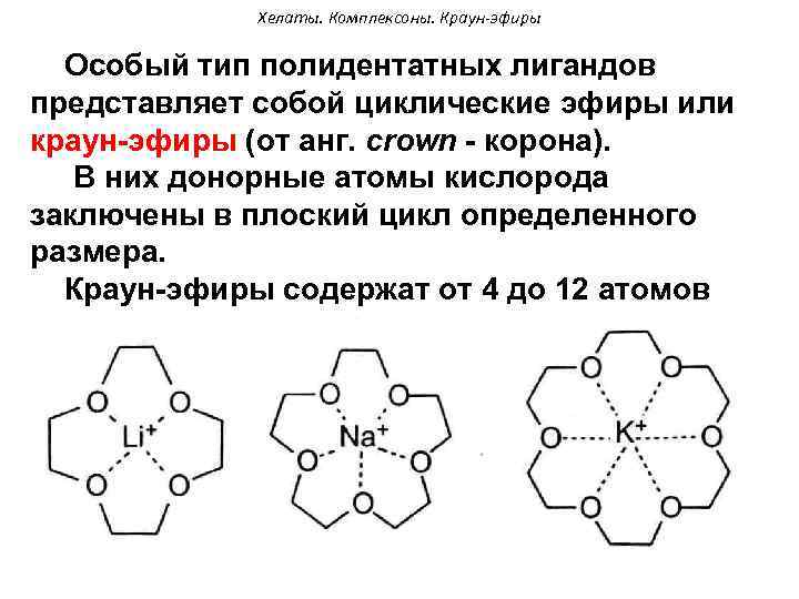 Хелаты. Комплексоны. Краун-эфиры Особый тип полидентатных лигандов представляет собой циклические эфиры или краун-эфиры (от