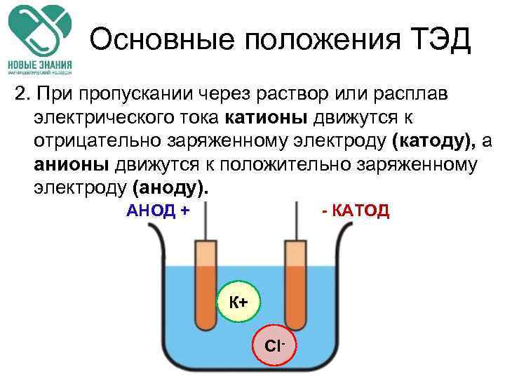 Основные положения ТЭД 2. При пропускании через раствор или расплав электрического тока катионы движутся