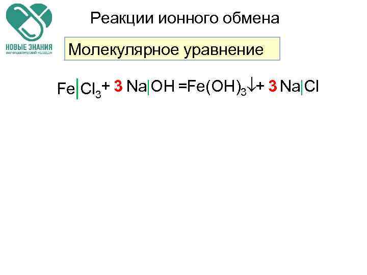 Реакции ионного обмена Молекулярное уравнение Fe Cl 3+ 3 Na OH =Fe(OH)3 + 3