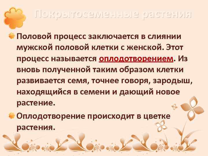 Покрытосеменные растения Половой процесс заключается в слиянии мужской половой клетки с женской. Этот процесс