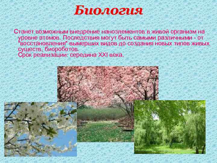 Биология Станет возможным внедрение наноэлементов в живой организм на уровне атомов. Последствия могут быть
