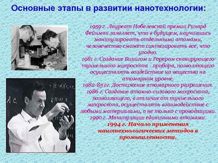Основные этапы в развитии нанотехнологии: 1959 г. Лауреат Нобелевской премии Ричард Фейнман заявляет, что