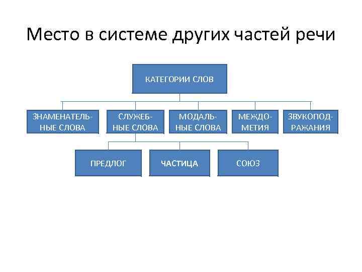 Место в системе других частей речи КАТЕГОРИИ СЛОВ ЗНАМЕНАТЕЛЬНЫЕ СЛОВА СЛУЖЕБНЫЕ СЛОВА ПРЕДЛОГ МОДАЛЬНЫЕ