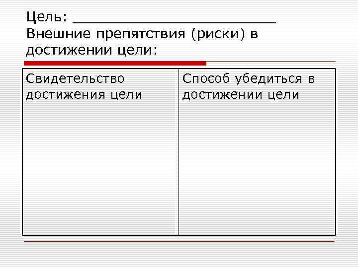 Цель: ____________ Внешние препятствия (риски) в достижении цели: Свидетельство достижения цели Способ убедиться в