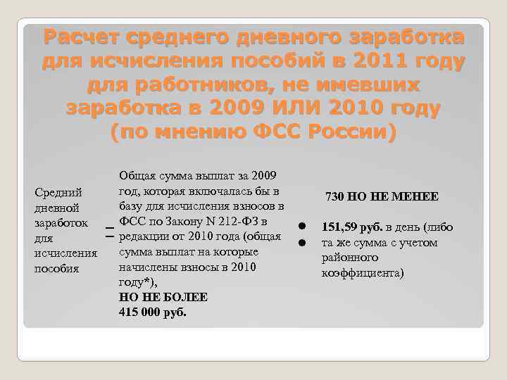 Расчет среднего дневного заработка для исчисления пособий в 2011 году для работников, не имевших