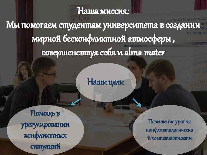 Наша миссия: Мы помогаем студентам университета в создании мирной бесконфликтной атмосферы , совершенствуя себя