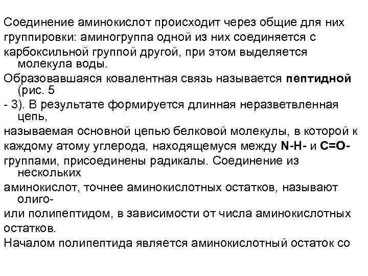 Соединение аминокислот происходит через общие для них группировки: аминогруппа одной из них соединяется с