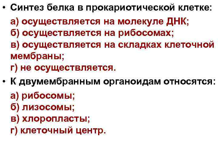  • Синтез белка в прокариотической клетке: а) осуществляется на молекуле ДНК; б) осуществляется