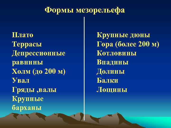 Формы мезорельефа Плато Террасы Депрессионные равнины Холм (до 200 м) Увал Гряды , валы
