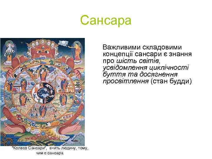 Сансара Важливими складовими концепції сансари є знання про шість світів, усвідомлення циклічності буття та