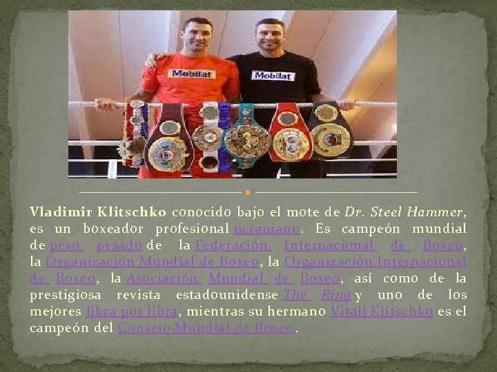 Vladimir Klitschko conocido bajo el mote de Dr. Steel Hammer, es un boxeador profesional