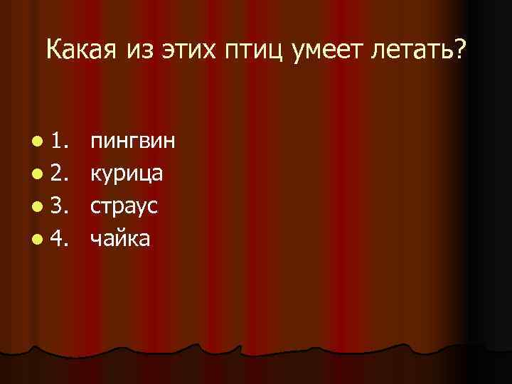 Какая из этих птиц умеет летать? l 1. l 2. l 3. l 4.