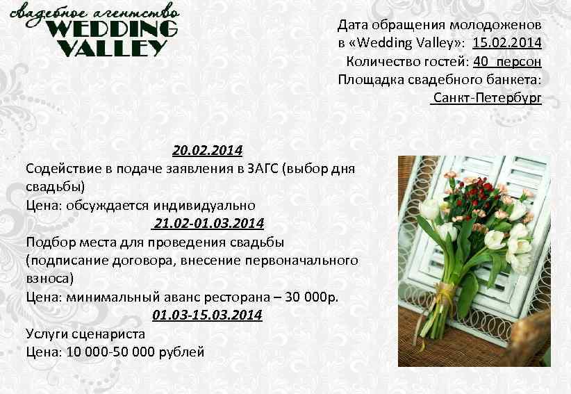 Дата обращения молодоженов в «Wedding Valley» : 15. 02. 2014 Количество гостей: 40 персон