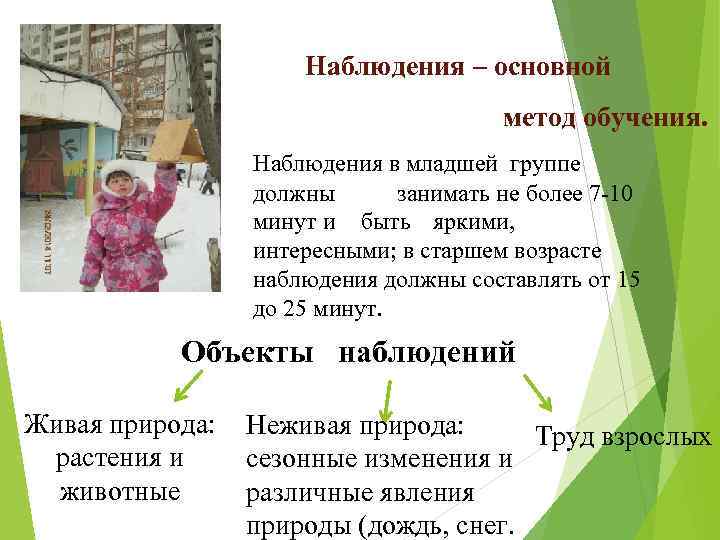 Наблюдения – основной метод обучения. Наблюдения в младшей группе должны занимать не более 7