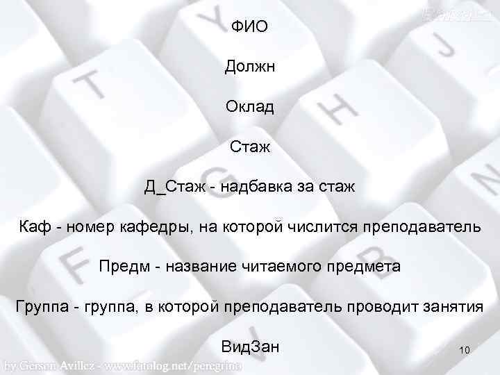 ФИО Должн Оклад Стаж Д_Стаж - надбавка за стаж Каф - номер кафедры, на