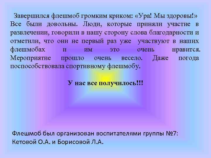  Завершился флешмоб громким криком: «Ура! Мы здоровы!» Все были довольны. Люди, которые приняли