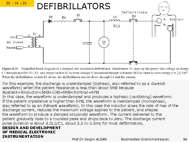 DEFIBRILLATORS For this example, the discharge is underdamped (biphasic, also referred to as a