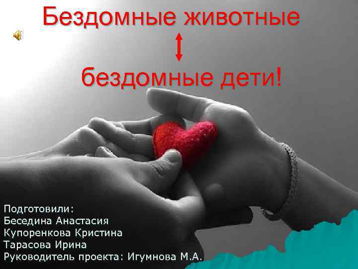 Бездомные животные бездомные дети! Подготовили: Беседина Анастасия Купоренкова Кристина Тарасова Ирина Руководитель проекта: Игумнова