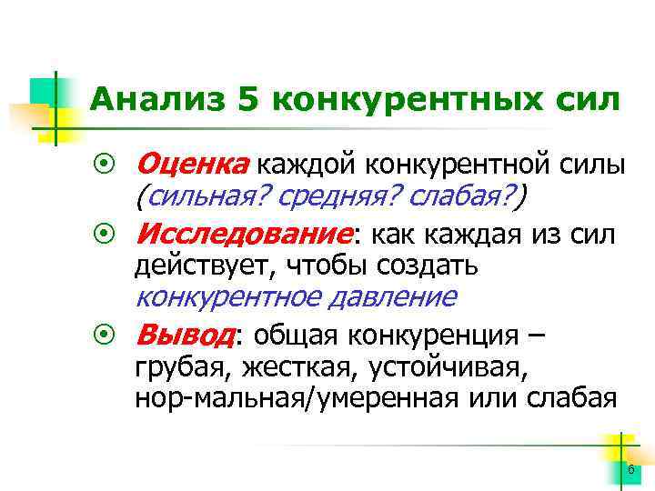 Анализ 5 конкурентных сил ¤ Оценка каждой конкурентной силы (сильная? средняя? слабая? ) ¤