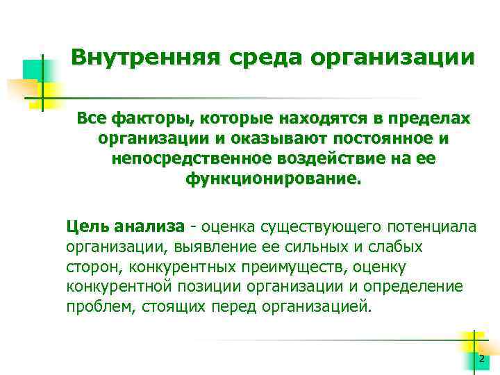 Внутренняя среда организации Все факторы, которые находятся в пределах организации и оказывают постоянное и