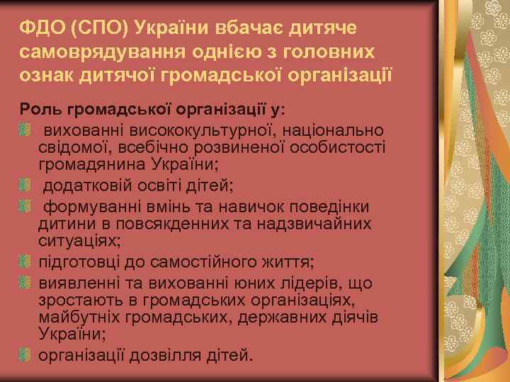 ФДО (СПО) України вбачає дитяче самоврядування однією з головних ознак дитячої громадської організації Роль