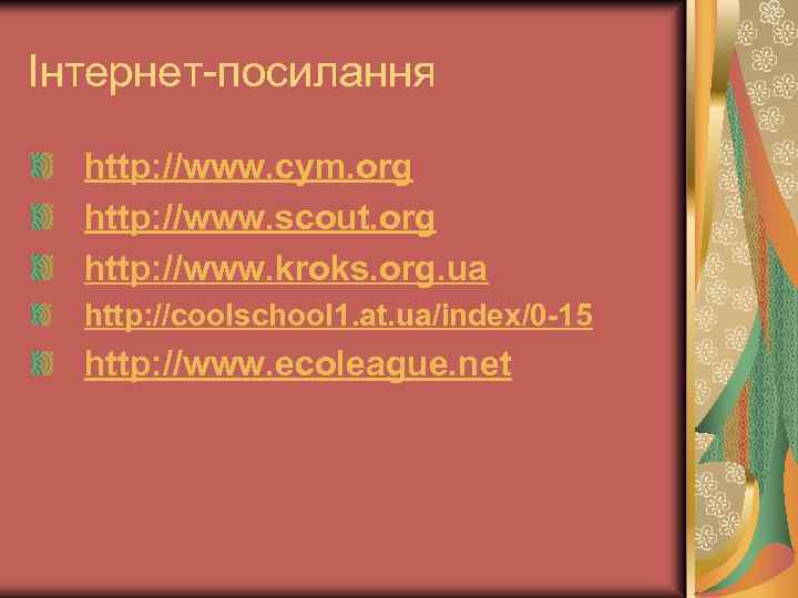 Інтернет-посилання http: //www. cym. org http: //www. scout. org http: //www. kroks. org. uа