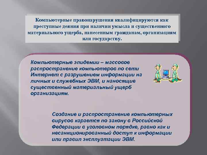 Компьютерные правонарушения квалифицируются как преступные деяния при наличии умысла и существенного материального ущерба, нанесенным