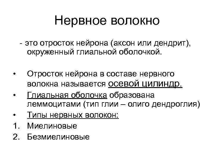 Нервное волокно - это отросток нейрона (аксон или дендрит), окруженный глиальной оболочкой. • Отросток