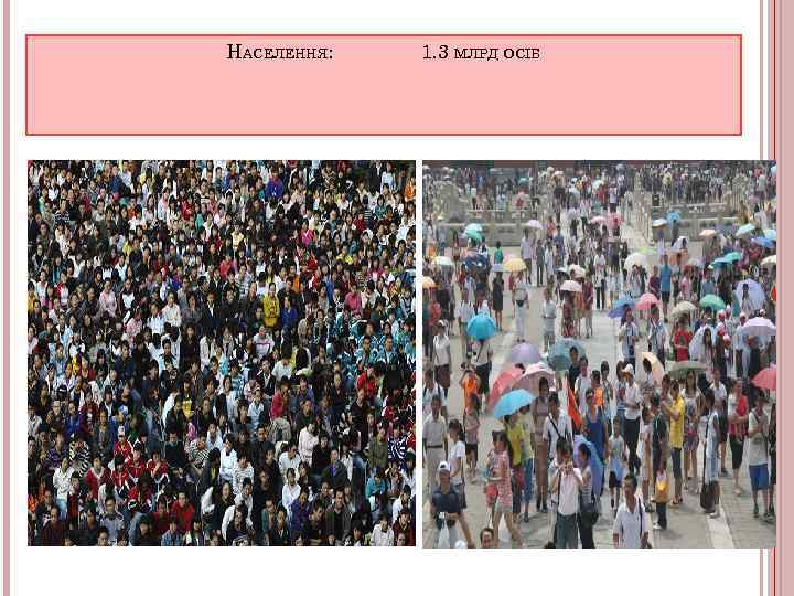 НАСЕЛЕННЯ: 1. 3 МЛРД ОСІБ 