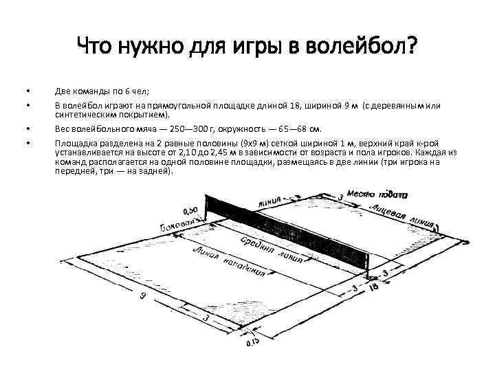 Что нужно для игры в волейбол? • • Две команды по 6 чел; В