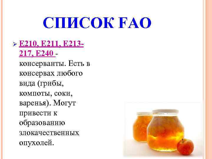 СПИСОК FAO Ø Е 210, Е 211, Е 213217, Е 240 - консерванты. Есть
