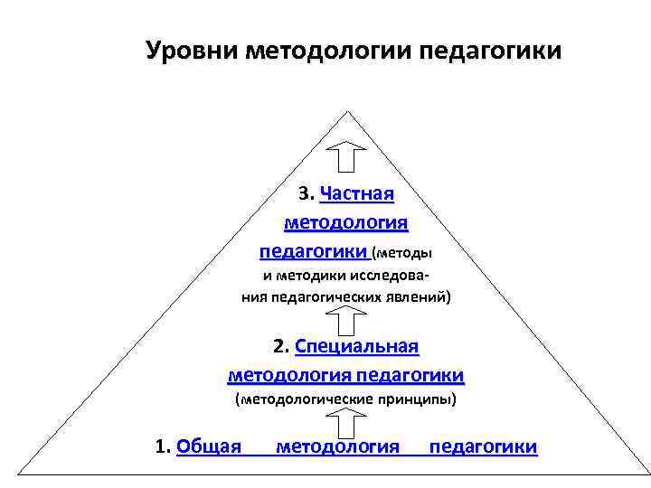 Уровни методологии педагогики 3. Частная методология педагогики (методы и методики исследования педагогических явлений) 2.