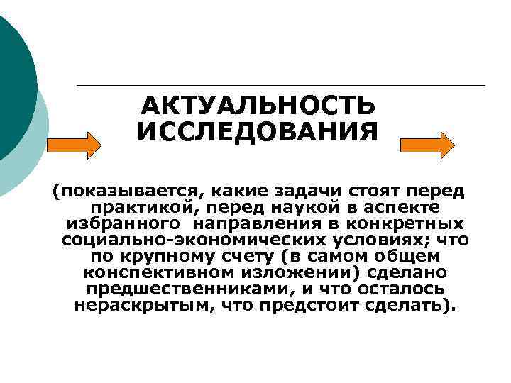 АКТУАЛЬНОСТЬ ИССЛЕДОВАНИЯ (показывается, какие задачи стоят перед практикой, перед наукой в аспекте избранного направления